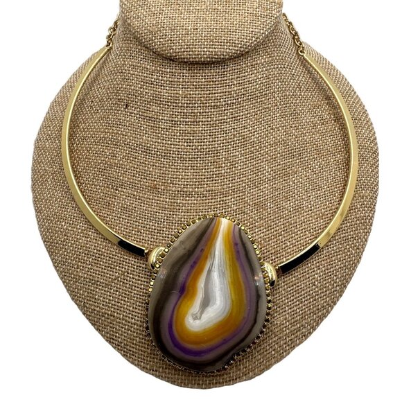 Whimsical Jessica Simpson Agate Slice Necklace Collar Gold Tone Coastal Cowgirl - Picture 6 of 6